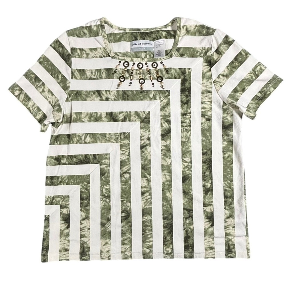 Alfred Dunner Petite Striped Beaded Neckline T-Shirt Top Green White Size‎ PS